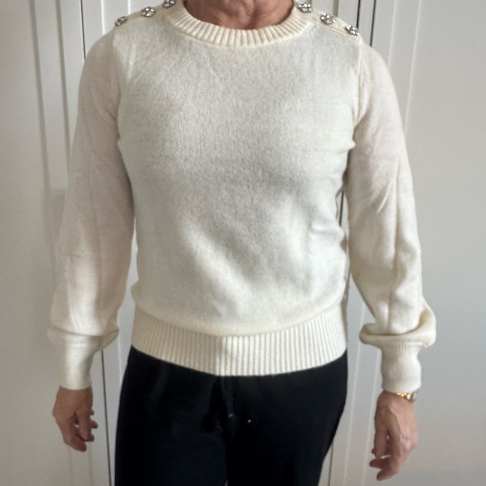 J. Crew Ivory Knit wool Sweater with rhinestone shoulder buttons
